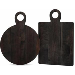 2 Pcs Acacia Wood Cutting Board with Handle 16'' Square and Round Charcuterie Chopping Board for Pizza Cheese Meat Decorative Black Wooden Serving Tray for Kitchen and Dining Room