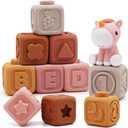 Nueplay 7 Pcs Soft Toy Building Blocks for Baby Girls 6-12 Months, Montessori Early Learning Squeeze Blocks with Unicorn Sensory Stacking Design, Birthday Gift for Toddlers 1-3