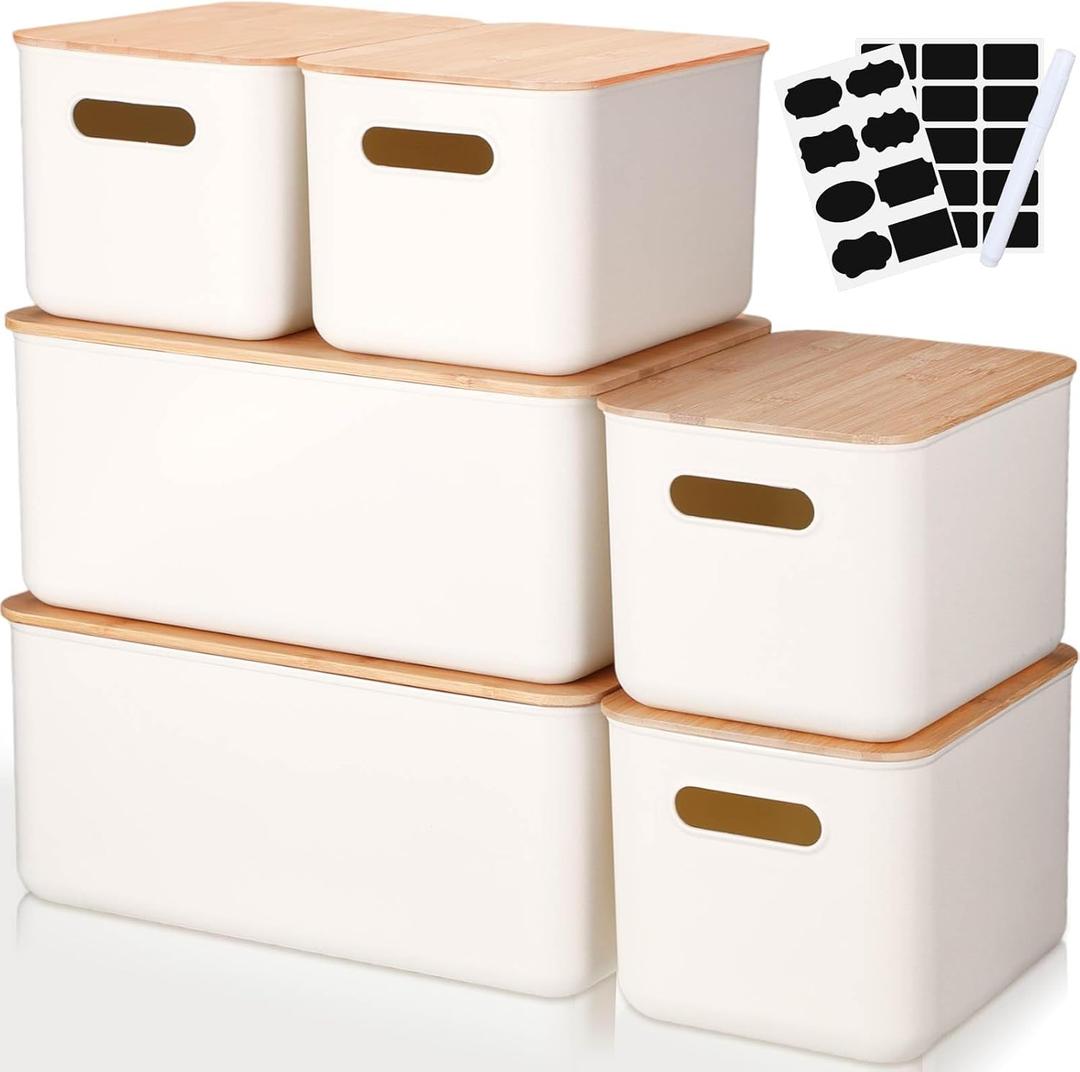 Suzile 6 packs Plastic Storage Bins with Bamboo Lids Stackable Storage Containers for Organizing, with Labels and Marker Document Paper Storage(Multiple Size)