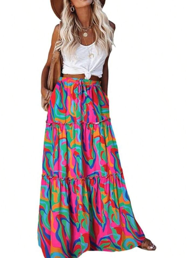 Womens Casual High Waist Tie Paisley Print Long Maxi Skirt With Pockets, Large