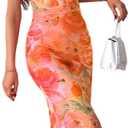 LIGHT DOT Women's Floral Midi Mesh Dress Spaghetti Strap Bodycon Ruched Long Cocktail Dress (Orange) S