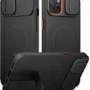 SURITCH for iPhone 14 Plus/15 Plus Case with Magnetic Camera Slide Cover and Adjustable Kickstand, Compatible with MagSafe, Shockproof Bumper Case Slim Protective Cover 6.7 Inch, Black