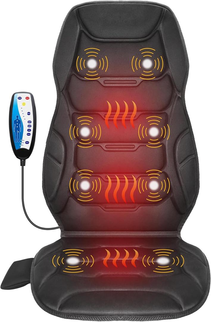 COMFIER Massage Seat Cushion, Back Massager with 8 Vibration Nodes & 5 Modes, Adjustable Chair Massage Pad with Heat for Home Office, Heated Chair Pad,Gifts for Men,Women (Dark Black)