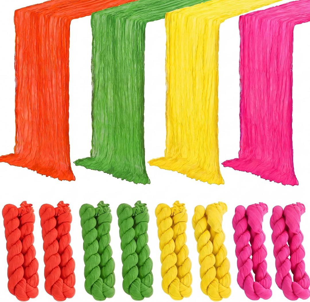 8 Pcs Hawaiian Cheesecloth Table Runner Pink Orange Green Yellow Tropical Summer Luau Decor 118" Long Neon Table Cover for Summer Flamingo Birthday Picnic Party Supplies Decorations