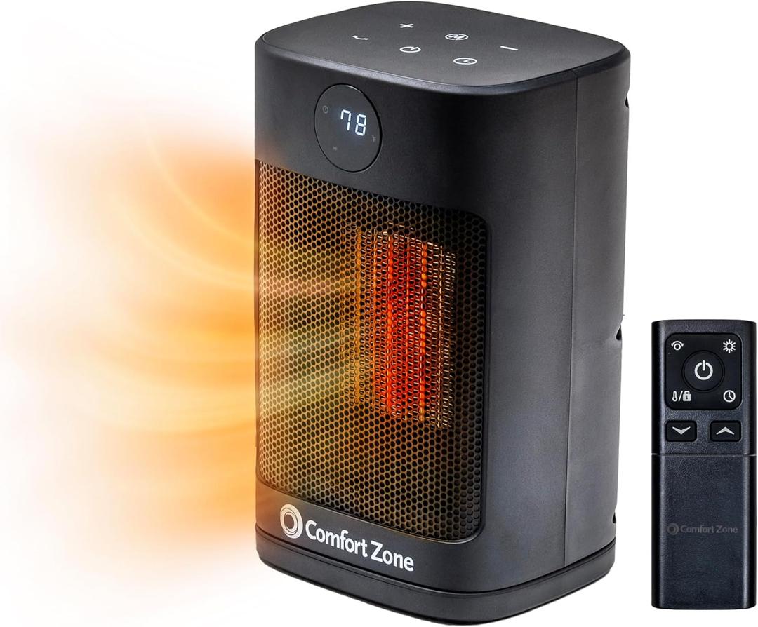 Comfort Zone Digital Desktop Heater, 1500W/1000W, ECO Mode, Thermostat, Remote Control, 12H Timer, Tip-Over & Overheat Protection, Portable Electric Space Heater for Indoor Use, Black