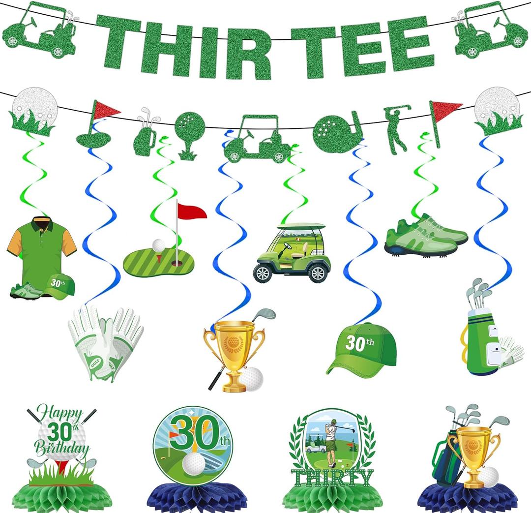 Golf 30th Birthday Decorations Men - 14 Pcs Golf Themed Thir Tee Banners, Hanging Swirls, Honeycomb Table Centerpieces for Him Men 30 Birthday Celebration Sports Party Supplies Decoration