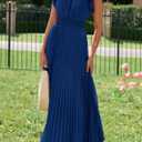 KIRUNDO Women's Summer Maxi Dresses Elegant V Neck Ruffle Flutter Sleeves Empire Waist Pleated Flowy Wedding Guest Dress (Blue, L)