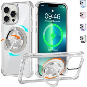 Clear Case for iPhone 13 Pro Case with Magnetic 360 Rotatable Ring Stand [ Compatible with MagSafe ], Heavy Duty Military Grade Cover with Ring Kickstand for Women Men, Transparent