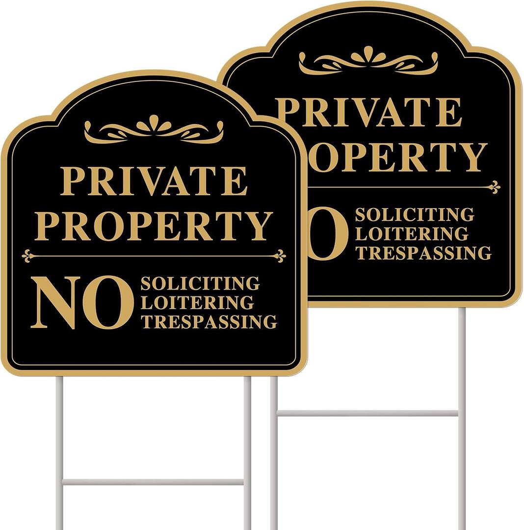 Private Property No Soliciting Sign for House, No Soliciting Yard Sign, 2-Pack 12"x12" Double-Sided H-Stake Metal Stakes, Outdoor Yard Sign for Home and Front Door, Easy To Install (Color-04)