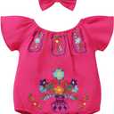 Baby Girls Mexican Romper Floral Embroidered Cinco De Mayo Fiesta Outfit Infant Traditional Folk Flutter Sleeve Romper Bodysuit And Headband Traje Tipico De El Salvador Hot Pink 9-12 Months