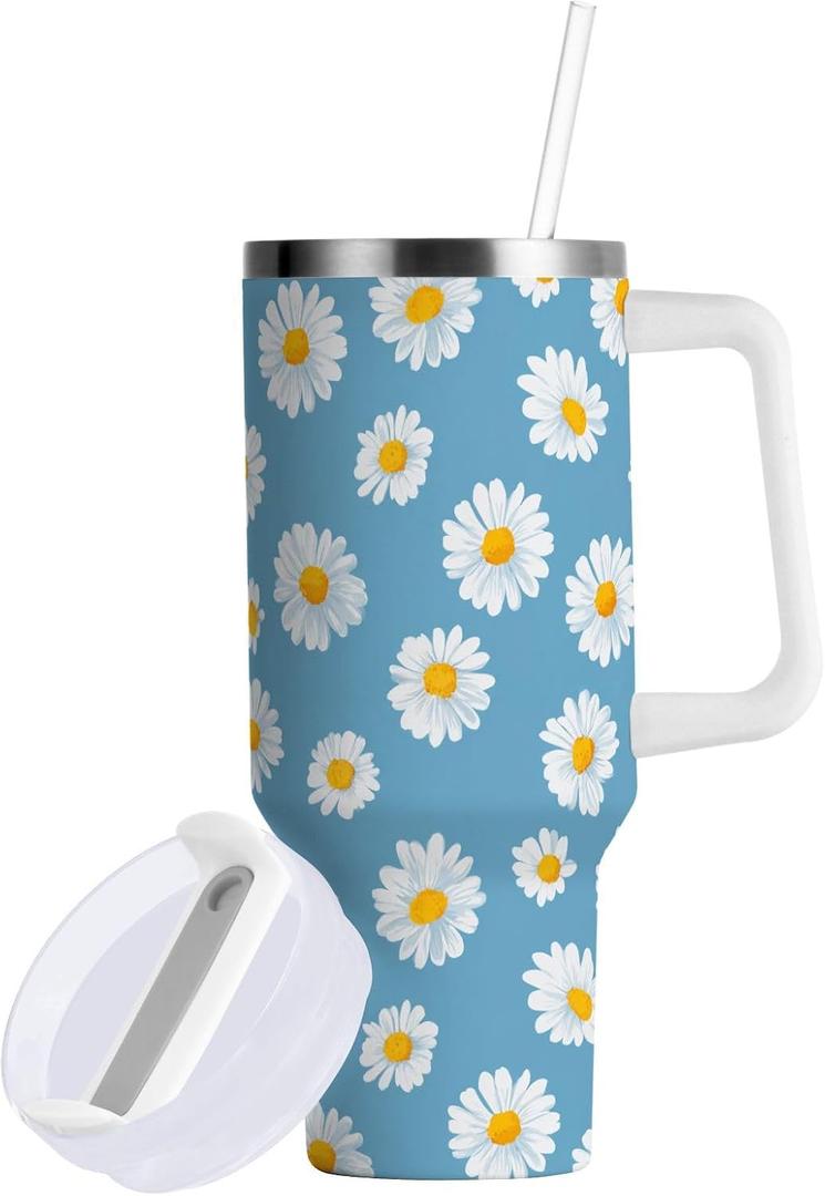 Light Blue Bg White Daisies Tumbler with Handle and Straw Leak Proof Tumbler 2 in 1 Lid Insulated Water Bottle Tumblers Stainless Steel Cup Large Travel Mug Cups, Gifts for Women Man, 40oz