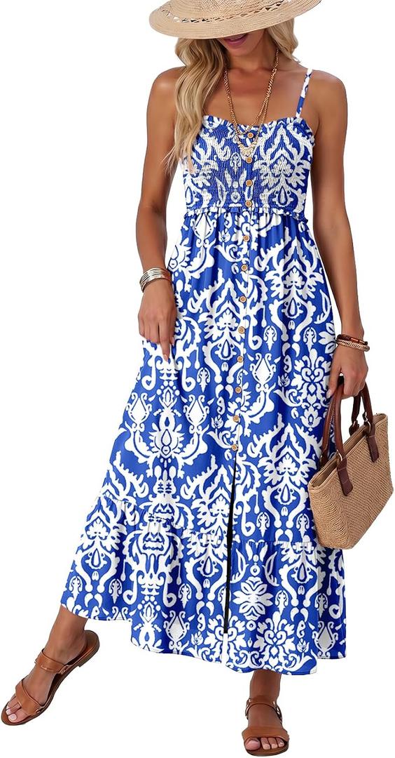 Dokotoo Womens Summer Dresses 2026 Sleeveless Spaghetti Strap Button Down Smocked Beach Vacation Long Maxi Dress with Pockets (Blue, S)