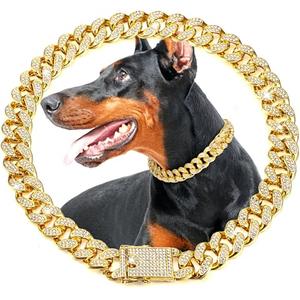 LEIFIDE Dog Chain Collar Gold 20 mm Wide Diamond Collar Large Dog Necklace Metal Pet Crystal Collar Jewelry Accessories for Medium Large Dogs(22 Inch)