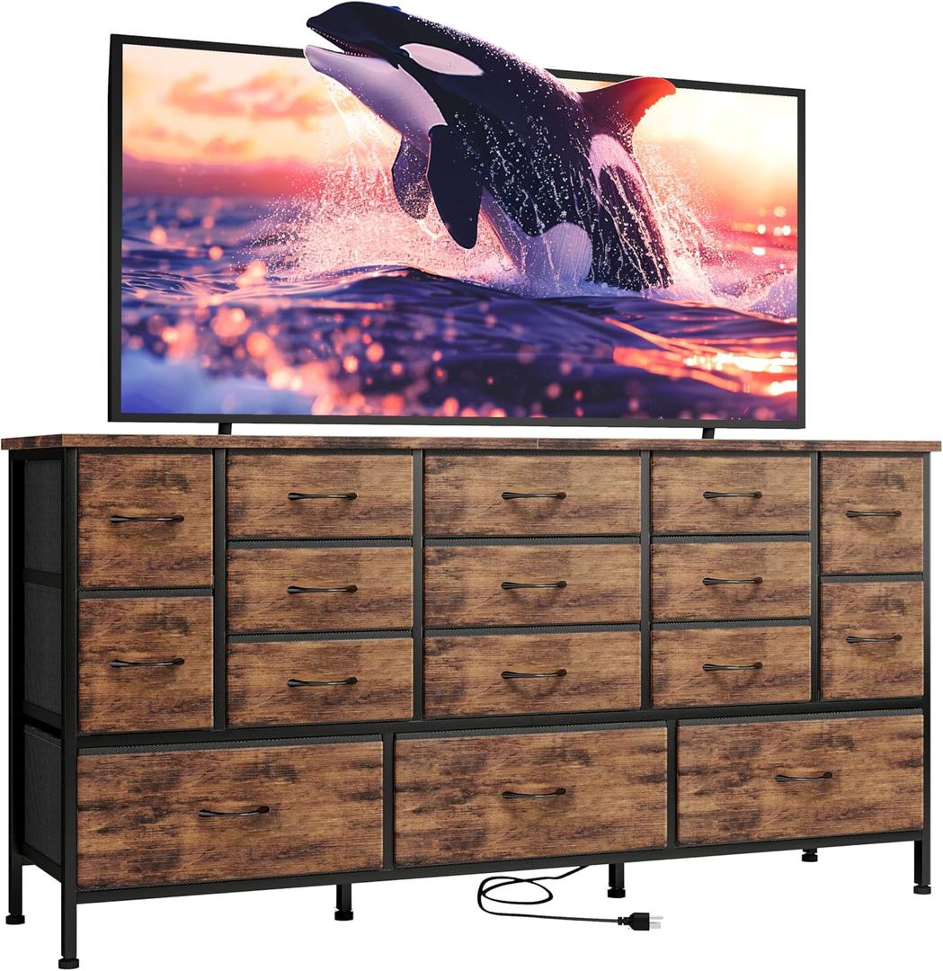 Fixwal 63.3 Inch TV Stand for Bedroom, 16 Large Drawer Dresser, Long TV Stand for 55, 65, 70 Inch TV with Power Outlets, Fabric Chest of Drawers for Bedroom, Living Room, Entryway, Rustic Brown
