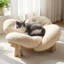 Veehoo Modern Elevated Flower Cat Bed with Washable Fluffy Cushion for Indoor Cats & Small Dogs, Wooden Raised Pet Couch Sofa, Cozy Lounge Chair Suitable for Puppy, Cat Furniture (Khaki)