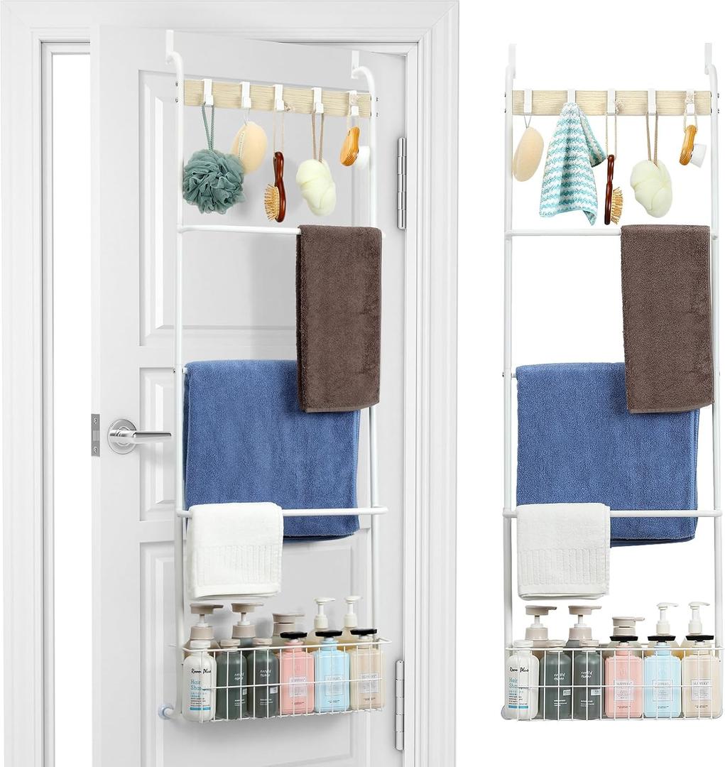 Over The Door Towel Rack, 5-Tier Towel Racks for Bathroom Door Hanging, Bathroom Back of Door Towel Bar, Door Blanket Holder for Clothes, Washcloths,Hand Towels, Sponges,White