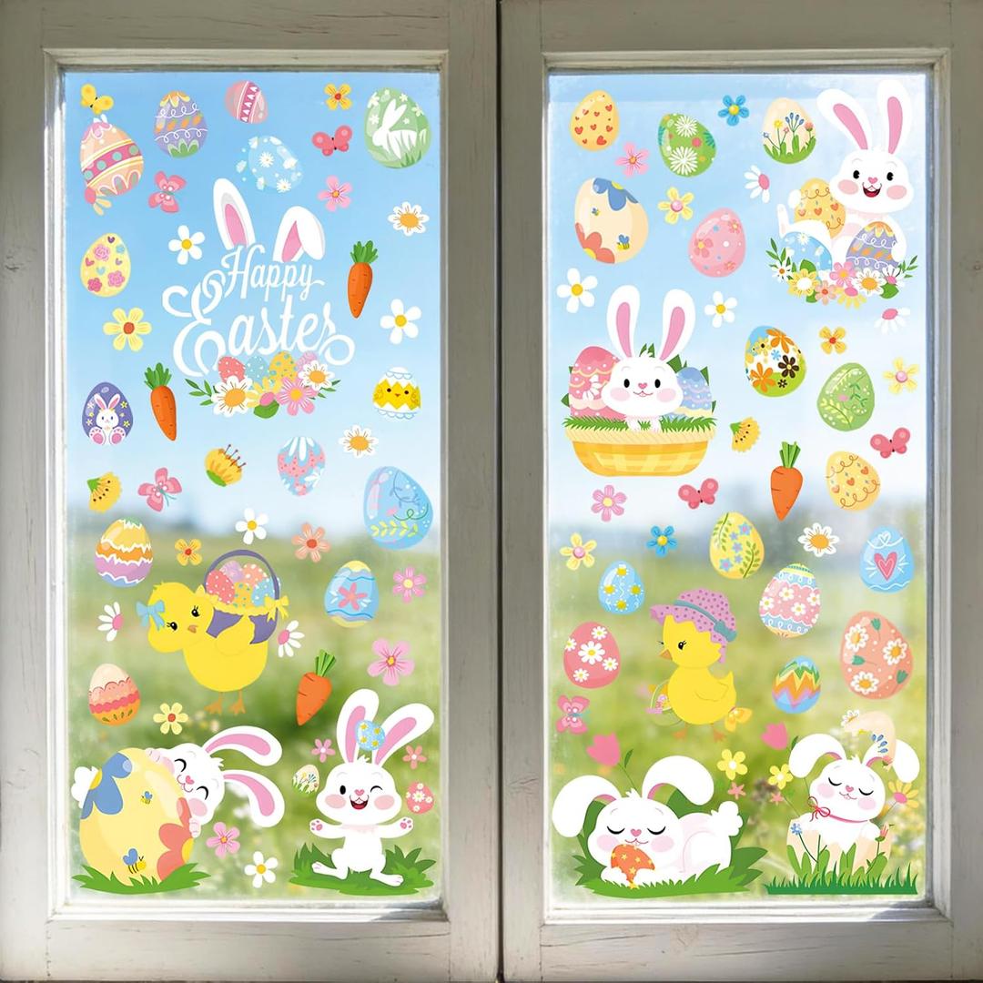 9 Sheets Easter Window Clings, 71 PCS Cute Bunnies Birds Happy Eggs and Flowers Easter Stickers for School Home Party or Office Decorations