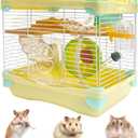 Hamiledyi Portable Hamster Cage 2 Layers Dwarf Hamster Habitat 10.90L*8.07W*9.84H Small Animal Travel Cage with Exercise Wheel Hamster Enclosure Mouse Cage for Hamsters Mice Gerbils Tiny Pets (Yellow)