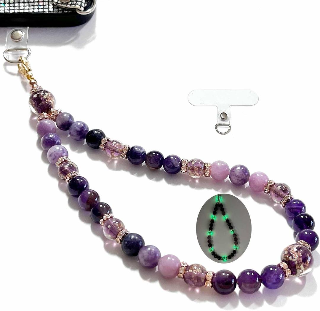 Glow in The Dark Firefly Beads Phone Wrist Strap, CellPhone wrist lanyard Charm Wristlet Bracelet with Tether Tab, Fits iPhone/Galaxy/Pixel, Handmade in USA (Amethyst)