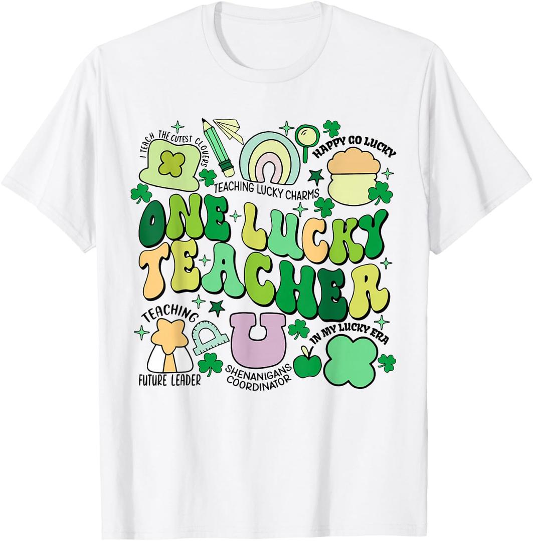 One Lucky Teacher St. Patrick's Day Irish Teacher Lucky Era T-Shirt (White, L)