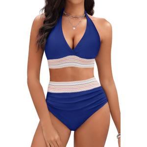 Women Tummy Control Two Piece Swimsuit - High Waisted Bathing Suit Halter Bikini Set Push Up Swimwear 2025 (Blue, L)