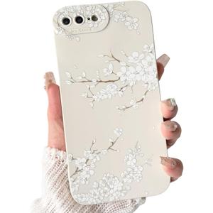 NITITOP Compatible with iPhone 7 Plus / 8 Plus Case Cute Aesthetic Cherry Blossom Pattern Design for Women Girls Soft TPU Shockproof Full Camera Protective Phone Cover - White