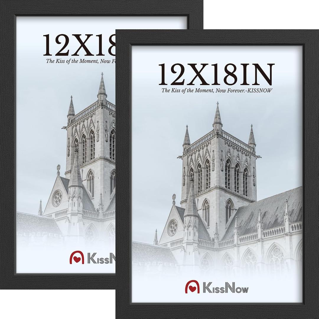 12x18 Poster Frame 2 Pack, Textured Black Solid Wood Picture Frame, Wall Hanging