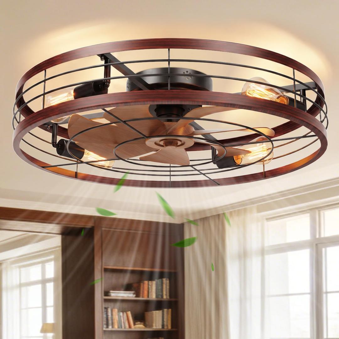 VOLISUN 27.6'' Caged Ceiling Fan with Light and Remote,Rustic Low Profile Ceiling Fan with Light Flush Mount, Farmhouse Bladeless Fandelier Ceiling Fans with Lights for Kitchen,Bedroom-Wood