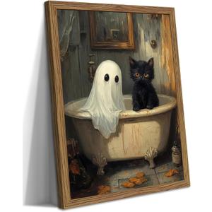 Vintage Halloween Bathroom Wall Art, Cute Ghost Black Cat Bathtub Canvas Wall Decor Painting, Spooky Halloween Artwork Prints Pictures for Bedroom Restroom Bathroom 12x16 Inch Wood Framed
