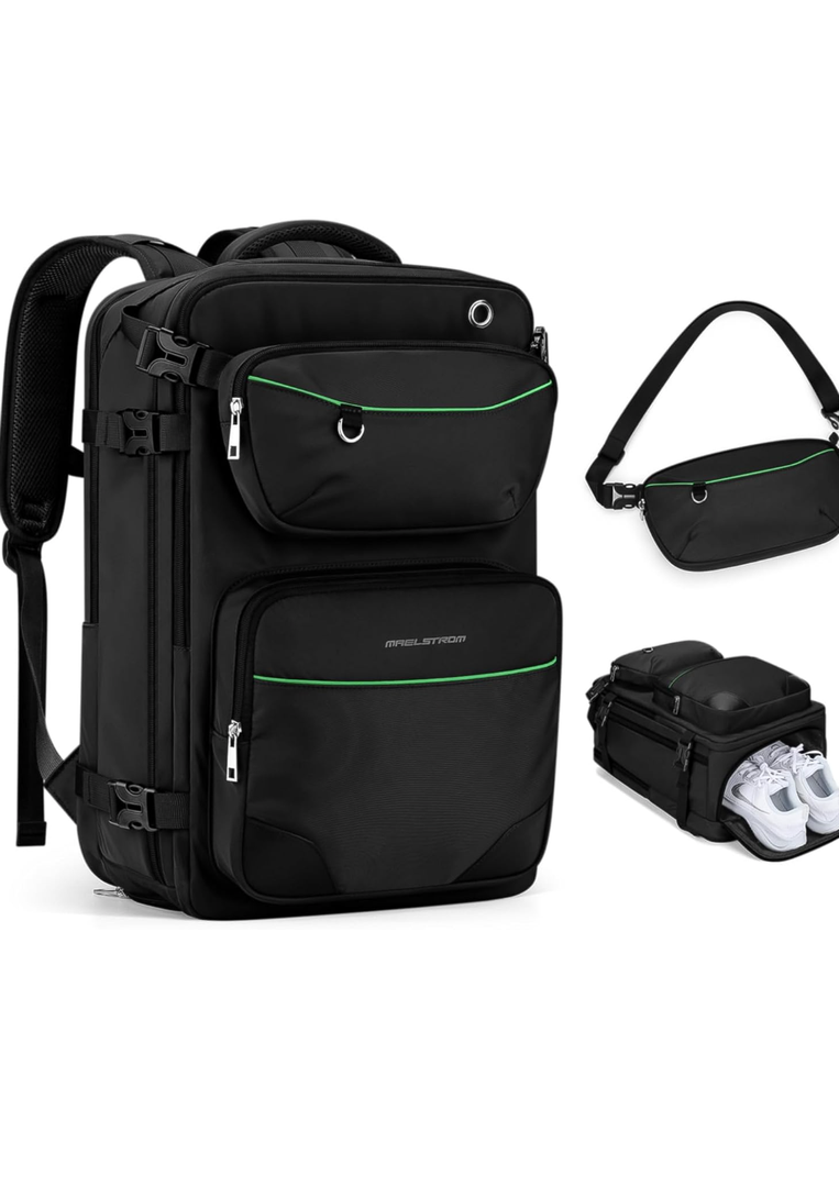 Maelstrom Travel Backpack for Men Women, 35L Carry on Backpack for Traveling on Airplane,with Belt Bag&Shoe Compartment,Waterproof Laptop Backpack fit 17”Laptop-Classic Black, Large