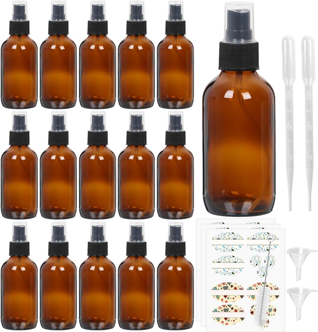 STARSIDE 16 Pack 4 oz Amber Glass Spray Bottles with Fine Mist Sprayer & Dust Cap for Essential Oils, Perfumes,Cleaning Products, 120 ml Fine Mist Glass Spray Bottle