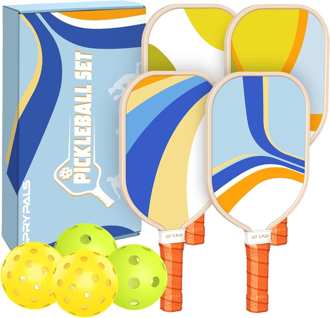 Pickleball Paddles Set of 4, Premium Wood with 4 Indoor & Outdoor Pickleball Balls and 1 Carry Bag, Pickleball Rackets with Ergonomic Cushion Grip for Beginner & Professional Gifts for Women Men Youth
