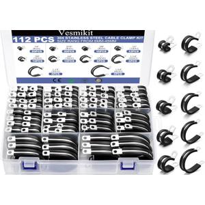 Cable Clamps112 PCS 10 Sizes-1/4" 5/16" 3/8" 1/2" 5/8" 3/4" 1" 1-1/4" 1-1/2" 1-3/4" Stainless Steel Pipe Clamp Assortment Kit Rubber Cushion Insulated Wire Clamps for Hose,Tube,Automotive,Fuel Line