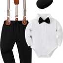 YUEMION Baby Boy Clothes Wedding Outfit Infant Tuxedo Gentleman Suits Dress Shirt+ Beret Hat +Suspender Pants +Bowtie 0-18M