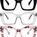 REAVEE Oversized Square Reading Glasses for Women, Blue Light Blocking Large Frame Computer Readers Spring Hinge (Black/Pink Tortoise/Grey)