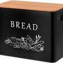 TeamFar Bread Box with Wooden Lid, 13.1” x 7.2” x 9.7” Metal Bread Container Storage Holder for Family Farmhouse Kitchen Countertop, Powder-Coated & Healthy, Large Capacity & Classic Pattern (Black)
