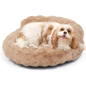 EHEYCIGA Soft Cat Couch Bed for Indoor Cats, Fluffy Small Dog Bed with Removable Washable Cover, Bolster Pet Sofa, Waterproof and Non-Slip, 23" x 23"x 7", Camel