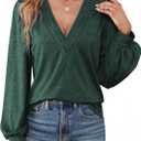 Agnes Urban Womens V Neck Long Sleeve Tops Dressy Casual Fall Shirts Puff Sleeve Loose Tunic Trendy Tops Blouses (Green, XL)