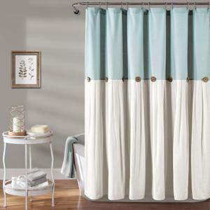 Lush Decor Linen Button Shower Curtain, 72" W x 72" L, Blue & Off White - Blue Shower Curtain Fabric - Bathroom Curtain - Farmhouse Bathroom Decor