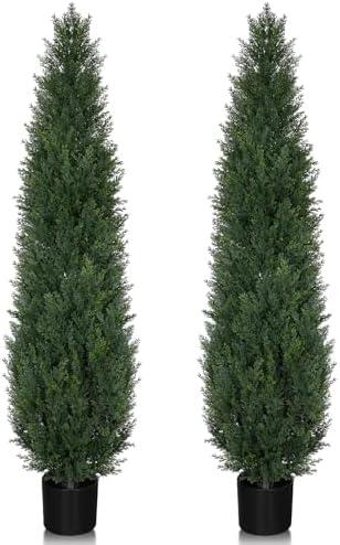 Artificial Cedar Topiary Trees, 5FT UV Resistant Topiary Trees Artificial Outdoors, Realistic Pre-Potted Faux Cypress Plants for Outdoor Porch, Home Entryway, and Garden Decor, Set of 2