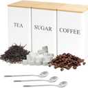 3 Pcs Tea Coffee Sugar Canisters, Black Metal Canister Storage Jar Container Set, Food Storage With 3 Spoons, Rust Resistant Powder Coated Iron Caddies for Kitchen Worktop Organizer (White)