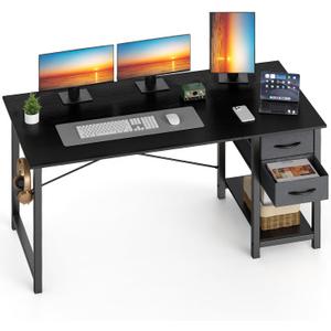 Sweetcrispy 47 Inch Computer Desk with Drawers for Home Office, Writing Desk with X-Shaped Reinforcement, Wood Table with Adjustable Position Drawers, Modern Study Work Table with Side Hook, Black