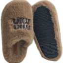 Cozy Faux Fur Slippers with Stylish Letter Embroidery Non-Slip Rubber Sole Soft Indoor Shoes for Home Brown (5-5.5 Women/4.5-5 Men)