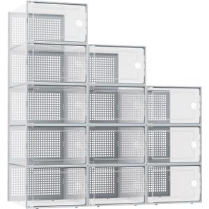 Kuject XX-Large Shoe Storage Boxes Organizers Clear Plastic Stackable 12 Pack, Shoe Rack & Holder Substitute, Sneaker Containers, Shoe Storage Organizer Bins for Closet, Under Bed, Grey(No Fold Line)