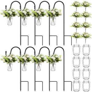Thiccywoov 8 Sets Wedding Aisle Decoration Include 16 oz Rose Daisy Hanging Mason Jar 32 Shepherds Hooks Rustic Mason Jar with Faux Rose and Daisy for Outdoor Wedding Isle Ceremony Decorations