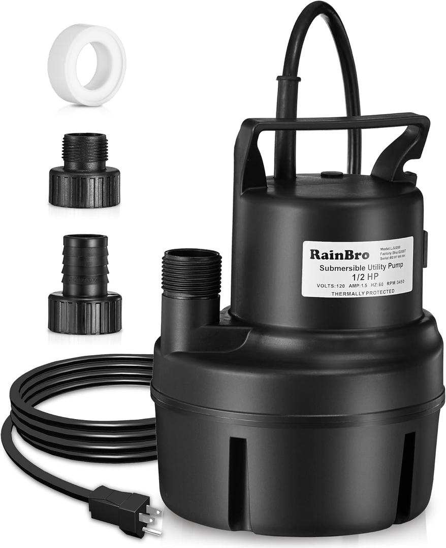 Submersible Sump Pump, Clean/Dirty Water Pump, Portable Utility Pump With 25-Foot Cord, Ideal for Swimming Pool, Garden Pond, Basement, and Flood Relief Drainage (1/2 HP 1200 GPH)