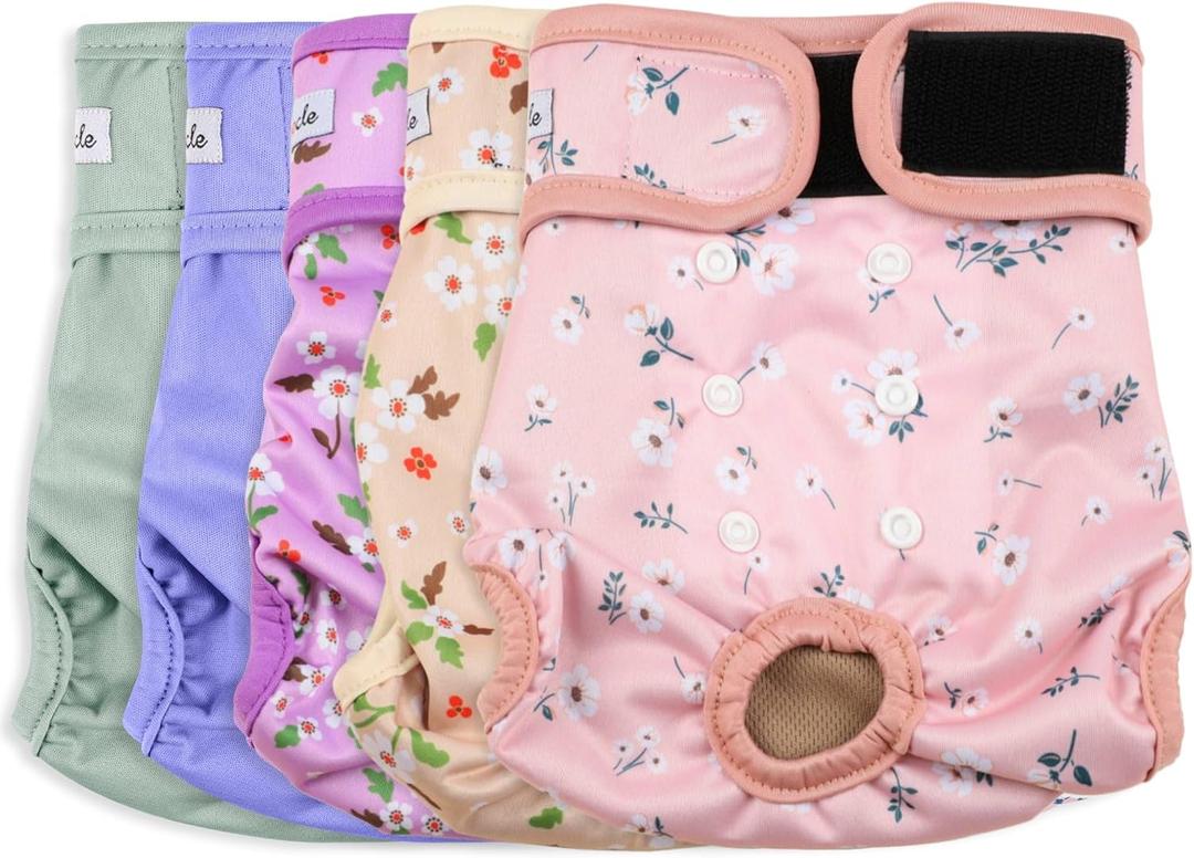 Female Dog Diapers 5Pcs - Premium Reusable Diapers for Doggie in Heat - Highly Absorbent Dog Diapers Female for Pet Incontinence with Adjustable Snaps, Flowers S