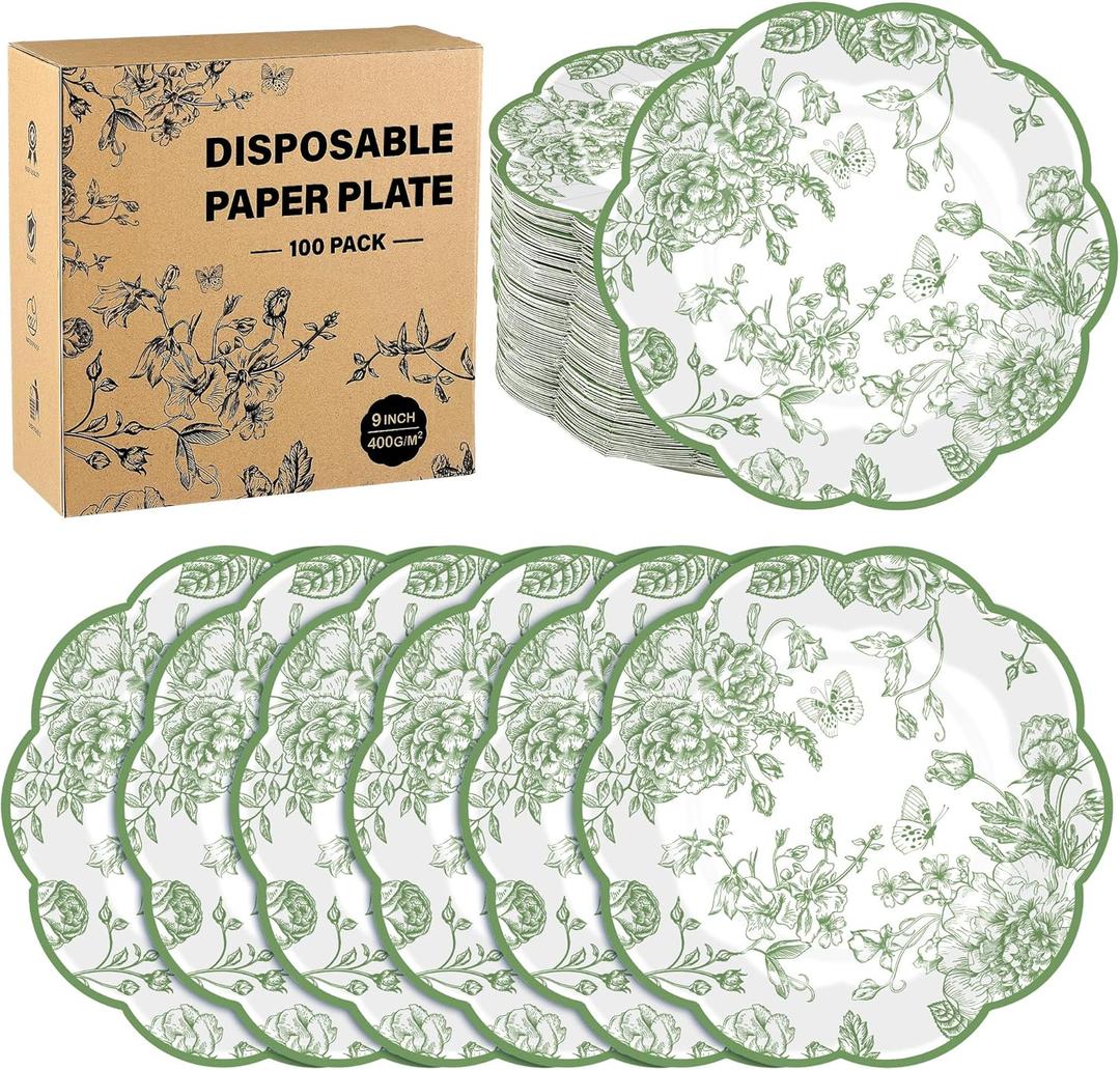 Kochorie 100 Pieces Sage Green Floral Paper Plates 9 Inches Disposable Green Flower Scalloped Plates Vintage Floral Dinner Dessert Decorative Plate for Wedding Baby Shower Birthday Party Supplies