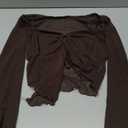 WDIRARA Women's Long Sleeve Front Tie Top Sexy Mesh Bell Sleeve Shirt (Medium, Coffee Brown)