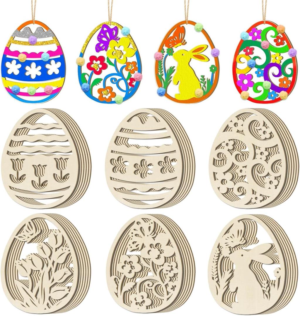 36Pc Easter Ornaments,DIY Wooden Easter Eggs Unfinished Wood Chips That Can Be Painted,Suitable for Craft Making Hanging Decorations Spring Party Events and Art Projects